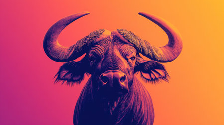 This striking illustration features a close-up of an African buffalo, showcasing its majestic horns and expressive eyes against a vibrant gradient background. Ideal for wildlife enthusiasts.の素材