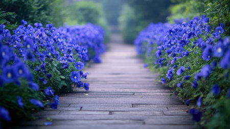 This beautiful image captures a serene garden pathway lined with vibrant purple flowers, inviting viewers to explore the lush green surroundings.の素材