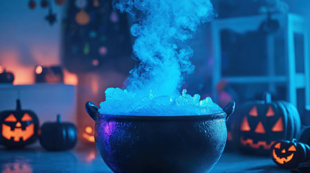 A captivating image of a bubbling cauldron emitting colorful smoke, set against the backdrop of Halloween decorations and glowing Jack-o'-lanterns.の素材