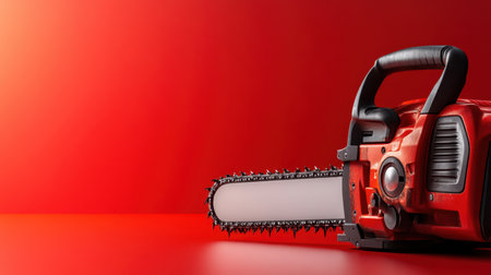 This image features a bright red chainsaw lying on a matching background, emphasizing its powerful design, ideal for woodworking enthusiasts and professionals.の素材