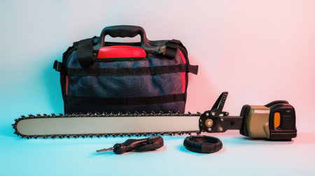 A portable chainsaw and essential tools are arranged on a colorful background alongside a carrying bag, perfect for outdoor tasks and home improvement projects.の素材