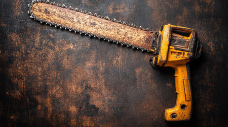 A vintage chainsaw lies on a distressed metal background, showcasing its rugged texture and wear. Ideal for themes related to outdoor work, tools, or industrial settings.の素材