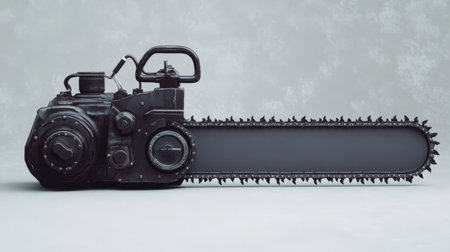 Unique vintage chainsaw design showcasing intricate details and textures. Ideal for creative projects or artistic photography, combining retro aesthetics with rugged charm.の素材