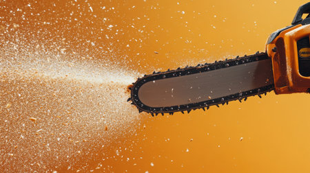 A powerful chainsaw actively cuts through wood, sending sawdust flying against a vibrant orange background, showcasing the energy of woodworking.の素材