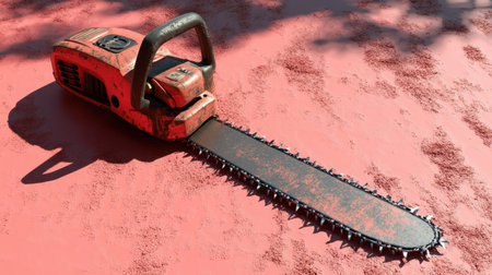 A vintage red chainsaw rests on a textured surface, illuminated by sunlight. The wear and tear on the tool showcases its history and functionality, ideal for workshops.の素材