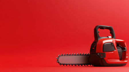 A bright red electric chainsaw placed against a solid red background, showcasing its modern design and functionality for homeowners and gardening enthusiasts.の素材