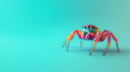 This vibrant image showcases a colorful spider standing out against a soft gradient background, creating a playful and surreal atmosphere perfect for artistic projects.の素材