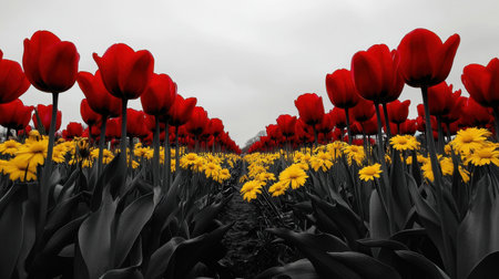 Experience the breathtaking beauty of red tulips contrasting with yellow daisies in a serene field beneath a cloudy sky, showcasing nature's artwork.の素材