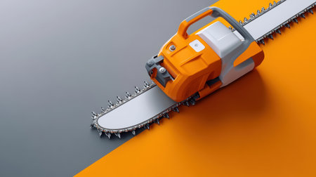 A vibrant image of an electric chainsaw resting on a two-tone background, showcasing its precision and design for effective garden maintenance and wood cutting.の素材