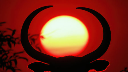 A striking silhouette of a bull's horns rises against a breathtaking sunset, highlighting the beauty of nature and the tranquil atmosphere of dusk.の素材