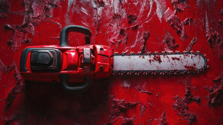 A striking image of a blood-soaked chainsaw resting on a textured red surface. This composition evokes feelings of horror and intimidation, perfect for thrilling narratives.の素材