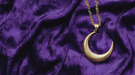 A stunning golden crescent moon pendant rests elegantly on a rich purple velvet fabric, showcasing a blend of luxury and artistic charm, perfect for jewelry enthusiasts.の素材