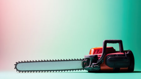 A vibrant chainsaw tool rests on a softly colored background, showcasing its design and powerful cutting capabilities for gardening and forestry tasks.の素材