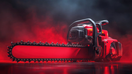 A powerful red chainsaw is displayed against a dramatic smoky backdrop. This image captures the essence of strength and technology, perfect for industry-related themes.の素材