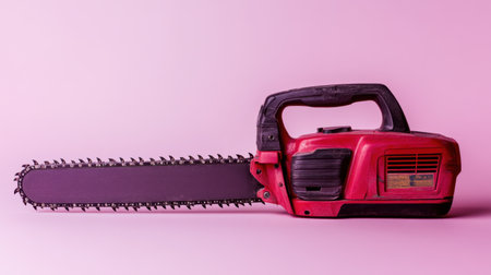A vibrant electric chainsaw set against a striking pink background, perfect for showcasing gardening tools or creative projects. Ideal for marketing materials.の素材