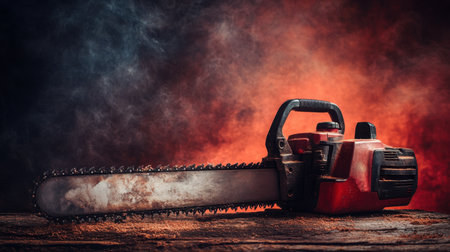 A rustic vintage chainsaw sits on a wooden table, surrounded by dramatic smoke and striking lighting effects. Perfect for projects in woodworking and DIY themes.の素材