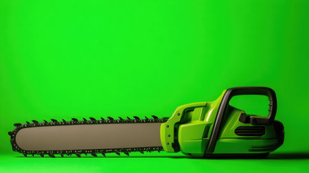 This image features a modern electric chainsaw against a bright green background, emphasizing its sleek design and functionality. Ideal for gardening and woodworking projects.の素材