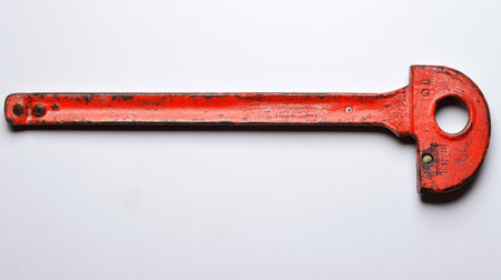 This image features a vintage red wrench tool showcasing a unique design, perfect for industrial and mechanic applications in a workshop setting.の素材