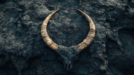 A striking representation of a dark horned skull mounted on rugged rock, ideal for enhancing artistic and natural themes in diverse creative projects.の素材