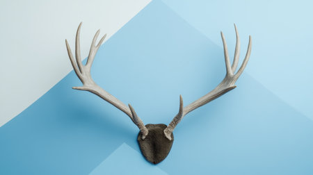 This artistic depiction of deer antlers mounted on a blue wall offers a unique blend of nature and design, perfect for captivating interior aesthetics.の素材