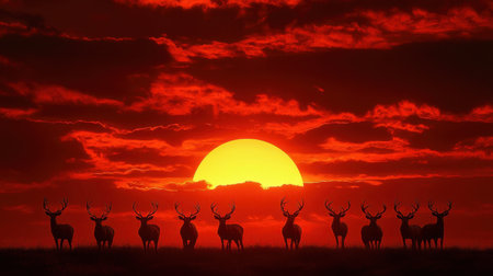 A breathtaking scene of majestic stags silhouetted against a brilliant sunset, with dramatic clouds and vibrant colors creating a tranquil atmosphere perfect for nature lovers.の素材