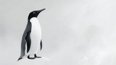 A stunning portrait of a solitary penguin standing gracefully on ice, surrounded by a soft, blurred background. This image captures the beauty and elegance of wildlife in its natural cold environment. Perfect for nature and animal enthusiasts.の素材