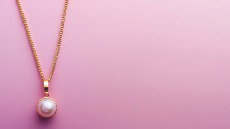 This image showcases a stunning pearl pendant hanging from a gold chain, set against a soft pink background, highlighting elegance and style.の素材