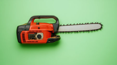 Bright electric chainsaw positioned on a vivid green background, ideal for gardening and landscaping projects. Suitable for efficient cutting tasks.の素材