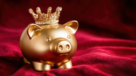A stunning golden piggy bank adorned with a sparkling crown sits on rich velvet, representing wealth, financial prosperity, and the importance of saving money in life.の素材