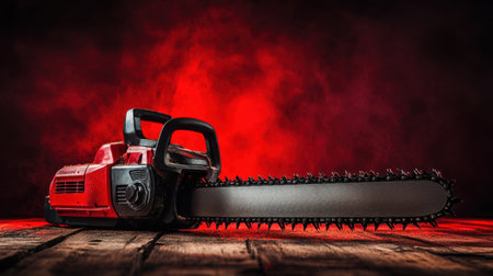 A striking image showcasing a powerful chainsaw resting on a wooden surface, set against a vivid red background with smoke, emphasizing its industrial tool nature.の素材