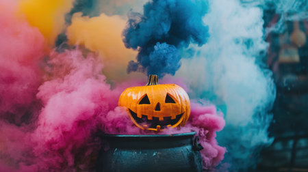 A festive scene featuring a carved pumpkin with a cheerful face emerging from a black cauldron, surrounded by vibrant colored smoke. Perfect for Halloween themes.の素材