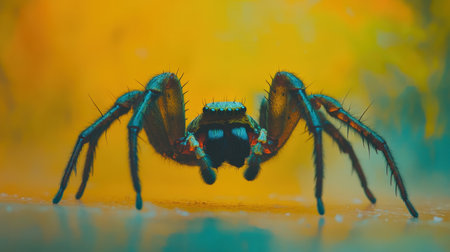 A striking close-up image of a spider showcasing its intricate details and vibrant colors set against a softly blurred background, emphasizing nature's beauty.の素材