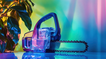 A modern electric chainsaw rests elegantly on a reflective surface beside a lush green plant, set against a vivid, colorful backdrop.の素材