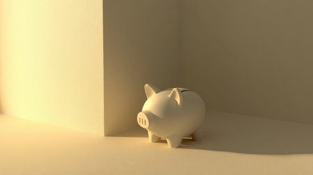 This image showcases a minimalistic white piggy bank positioned in soft natural light, creating a serene atmosphere for financial themes and concepts.の素材