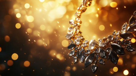 A stunning gold and silver necklace adorned with sparkling crystals, elegantly suspended amid an out-of-focus backdrop of warm, glowing lights.の素材
