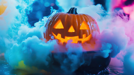 A captivating Halloween scene featuring a glowing carved pumpkin lantern surrounded by colorful fog, creating a mystical and festive atmosphere perfect for celebrations.の素材