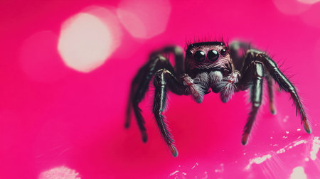 This stunning macro photograph captures a spider on a vibrant pink background, showcasing intricate details and sparkling eyes. Ideal for nature lovers.の素材