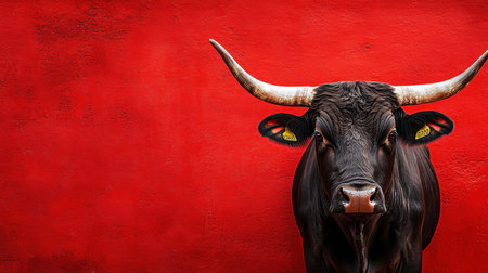 This striking portrait of a black bull showcases the animal's powerful presence against a vivid red backdrop, highlighting its strength and beauty.の素材