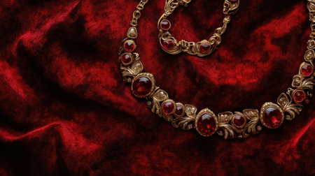 Discover the beauty of an elegant vintage jewelry set featuring stunning red gemstones. Set against a rich red velvet background, this piece captures the essence of luxury and sophistication.の素材