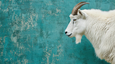 This captivating image features a profile of a white goat with striking curved horns set against a textured blue background, embodying peaceful rural charm.の素材