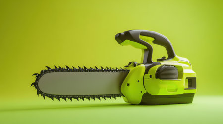 This image showcases a bright green electric chainsaw set against a vibrant yellow background, ideal for illustrating garden care and landscaping themes.の素材