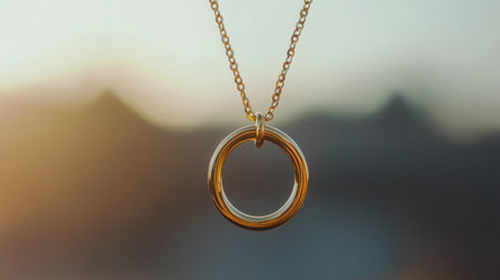 This captivating image features an elegant gold pendant with a circular charm, suspended on a delicate chain, set against a softly blurred sunset background.の素材