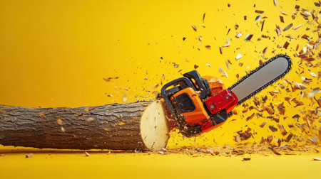 A dynamic image showcasing a powerful chainsaw in action as it cuts through a tree log, with wood chips flying against a bright yellow background.の素材