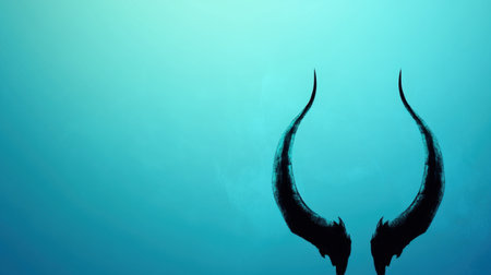 This captivating abstract image features a pair of black horns against a serene blue background, evoking themes of mystique and creativity in design.の素材