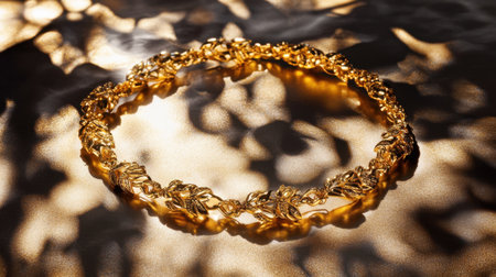An exquisite golden necklace featuring intricate leaf designs is beautifully displayed on a reflective surface, showcasing its elegance and craftsmanship.の素材