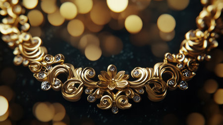 A close-up view of a beautifully crafted golden necklace showcasing intricate designs and sparkling stones, perfect for capturing the essence of elegance and luxury.の素材