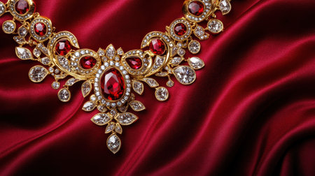 This stunning image features an elegant gold necklace adorned with vibrant red gemstones, artistically arranged on a rich crimson satin fabric.の素材