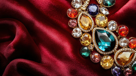 This exquisite close-up captures a colorful gemstone necklace resting on rich red satin fabric, showcasing a stunning array of sparkling jewels and elegance.の素材
