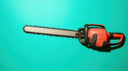 This image features an electric hedge trimmer with a sharp blade, set against a vibrant turquoise background, ideal for gardening and landscaping use.の素材
