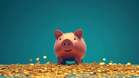 A charming piggy bank sits amidst a pile of shimmering gold coins, symbolizing the joy of saving money and planning for a prosperous future.の素材